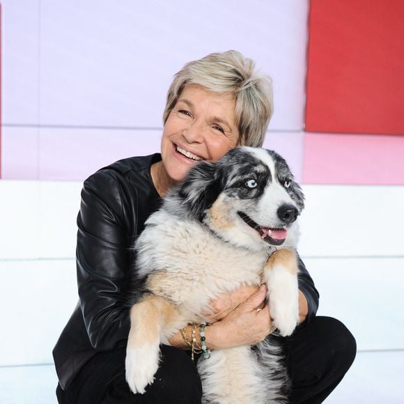 Exclusif - Veronique Jannot et sa chienne - Enregistrement de l'émission "Vivement dimanche" au studio Gabriel, présentée par M. Drucker et diffusée sur France 3 le 15 octobre 2023. © Guillaume Gaffiot / Bestimage