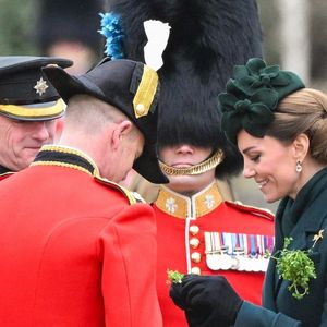 Catherine (Kate) Middleton, princesse de Galles, colonel des Irish Guards, visite le régiment lors du défilé de la Saint-Patrick à la caserne Wellington de Londres, Royaume Uni, le 17 mars 2025. © Zahu/Backgrid UK/Bestimage