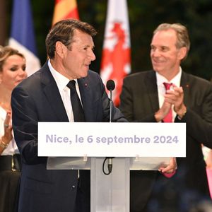 Christian Estrosi, le maire de Nice, avec sa femme, Laura Tenoudji Estrosi et son invité d'honneur Renaud Muselier, le préside,nt de la région PACA, a orchestré "Lou Festin Nissart", un diner amical et convivial autour du maire, au jardin Albert 1er sur la Coulée Verte à Nice le 6 septembre 2024 © Bruno Bebert/Bestimage