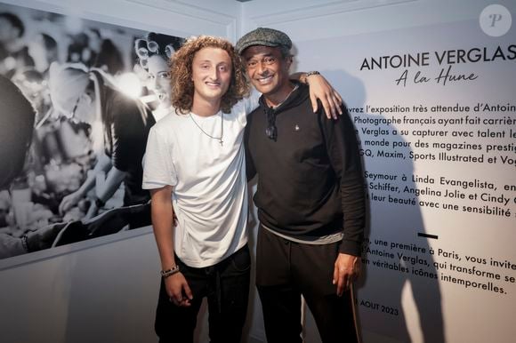 Exclusif - Joalukas Noah et son père Yannick Noah - Isabelle Camus a organisé pour son ami photographe Antoine Verglas, le vernissage de l'exposition éphémère de ses photographies à la Galerie La Hune en partenariat avec YellowKorner le 4 juillet 2023. Antoine Verglas, célèbre photographe, a fait carrière à New York aux USA dans la fashionsphère,  des shootings de Victoria's Secret  aux Unes des plus grands magazines de mode, il a tout fait. Les plus grand top models comme les plus grandes actrices ont un jour posé pour lui.. © Jack Tribeca/Bestimage