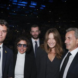 Exclusif - Gabriel Attal, Louis Sarkozy, Rachida Dati, Carla Bruni-Sarkozy, Nicolas Sarkozy lors d'une cérémonie organisée par le Conseil des institutions juives de France (CRIF) en hommage aux victimes des attentats du Hamas du 7 octobre 2023 contre Israël, à l'occasion du premier anniversaire de l'événement, à Paris, le 7 octobre 2024. © Jack Tribeca / Bestimage