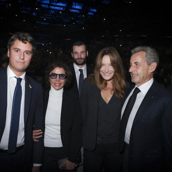 Exclusif - Gabriel Attal, Louis Sarkozy, Rachida Dati, Carla Bruni-Sarkozy, Nicolas Sarkozy lors d'une cérémonie organisée par le Conseil des institutions juives de France (CRIF) en hommage aux victimes des attentats du Hamas du 7 octobre 2023 contre Israël, à l'occasion du premier anniversaire de l'événement, à Paris, le 7 octobre 2024. © Jack Tribeca / Bestimage