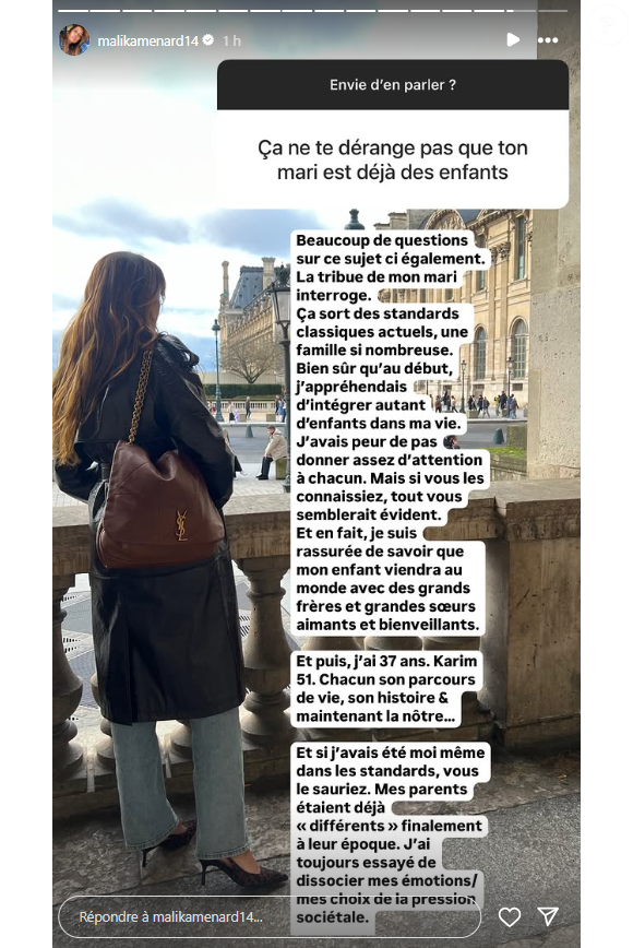 Et de répondre avec franchise : "Bien sûr qu'au début, j'appréhendais d'intégrer autant d'enfants dans ma vie. J'avais peur de ne pas donner assez d'attention à chacun. Mais si vous les connaissiez, tout vous semblerait évident".

Malika Ménard attend son premier enfant avec son mari Karim. Instagram