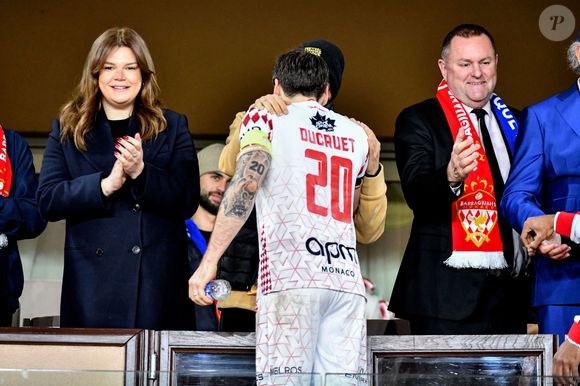Camille Gottlieb, la princesse Stéphanie et Louis Ducruet (tatouage sur le bras gauche)  durant la cinquième édition de la Fight Aids Cup, un match de football caritatif au stade Louis II à Monaco, le 22 janvier 2025 © Bruno Bebert / Bestimage