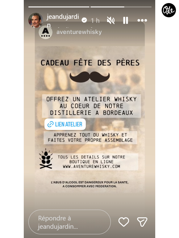 Les ateliers sont disponibles à partir de 69 euros sur le site

Story Instagram de Jean Dujardin