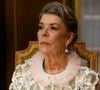 Conviée au grand dîner d'État historique présidé par Albert II organisé au Palais princier de Monaco, Caroline de Monaco a pu rencontrer le président français Emmanuel Macron
La princesse Caroline de Hanovre lors du dîner d'état au palais princier dans le cadre de la visite d'État de deux jours du couple présidentiel français à Monaco avant l'Unoc3
© Ludovic Marin / Pool / Bestimage