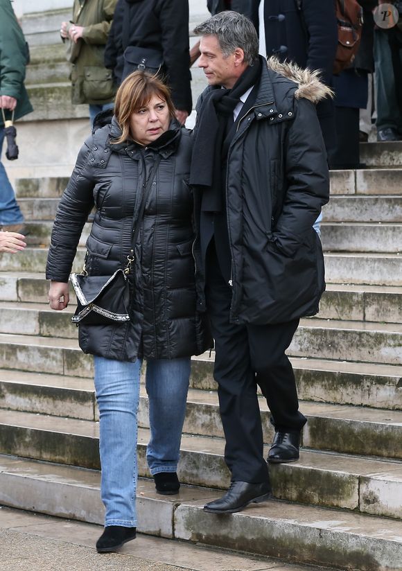 Michèle Bernier et Bruno Gaccio - Sortie des obsèques de François Cavanna au Père Lachaise à Paris. Le 6 février 2014