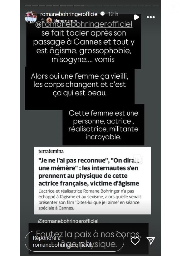 La story Instagram du 26 mai 2025 dans laquelle Romane Bohringer dénonce les remarques dont elle a fait l'objet.
