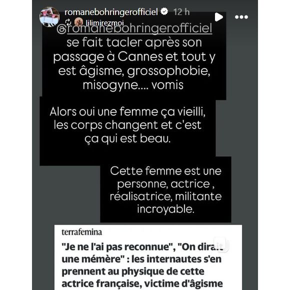 La story Instagram du 26 mai 2025 dans laquelle Romane Bohringer dénonce les remarques dont elle a fait l'objet.