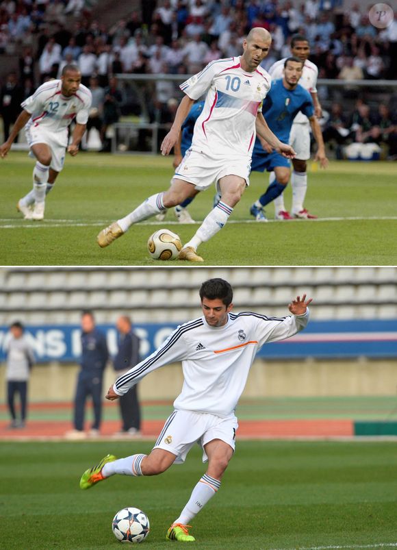 Image composite du milieu de terrain français du Real Madrid, Enzo Zidane, le fils de 18 ans de la légende du football Zinedine Zidane, et de son père. Photo par ABACAPRESS.COM