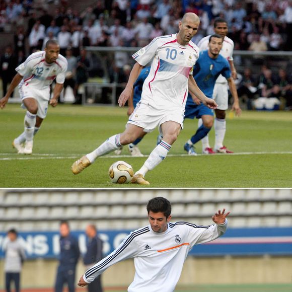 Image composite du milieu de terrain français du Real Madrid, Enzo Zidane, le fils de 18 ans de la légende du football Zinedine Zidane, et de son père. Photo par ABACAPRESS.COM