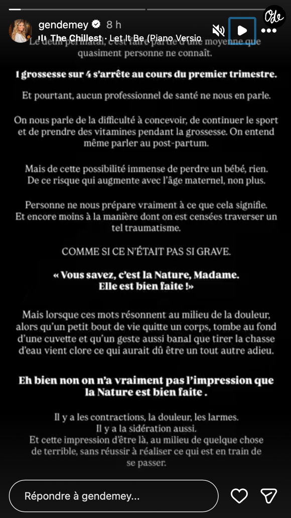 Elle dénonce le manque d’information des femmes sur les risques de fausse couche.

Capture Instagram - Gennifer Demey