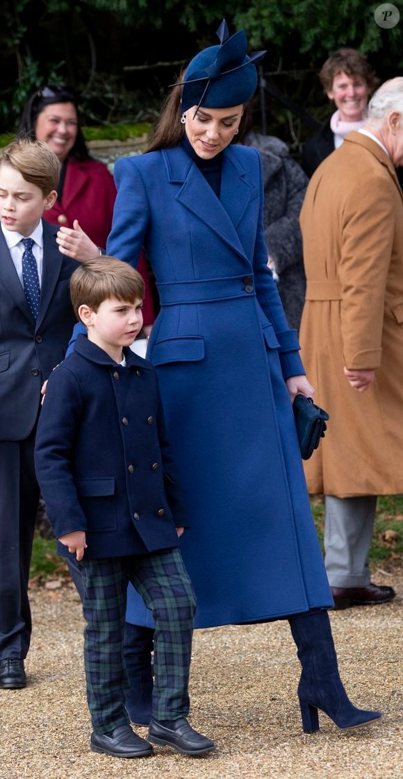 Catherine (Kate) Middleton, princesse de Galles, le prince George de Galles et le prince Louis de Galles - Les membres de la famille royale britannique lors de la messe du matin de Noël en l'église St-Mary Magdalene à Sandringham, le 25 décembre 2023.