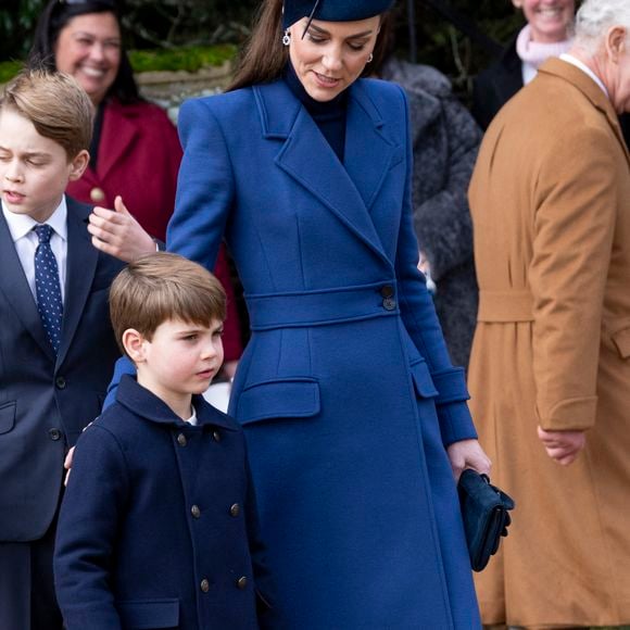 Catherine (Kate) Middleton, princesse de Galles, le prince George de Galles et le prince Louis de Galles - Les membres de la famille royale britannique lors de la messe du matin de Noël en l'église St-Mary Magdalene à Sandringham, le 25 décembre 2023.