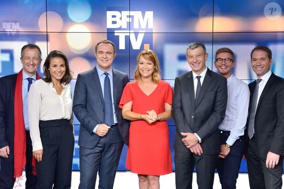 Christophe Barbier, Ashley Chevalier, Christophe Delay, Adeline Francois, Julien Mielcarek, Nicolas Doze et Christophe Person, les presentateurs de la Premiere Edition de BFMTV posent pour une photo de rentree a Paris, France le 25 Aout 2017. Photo par Aurore Marechal/ABACAPRESS.COM