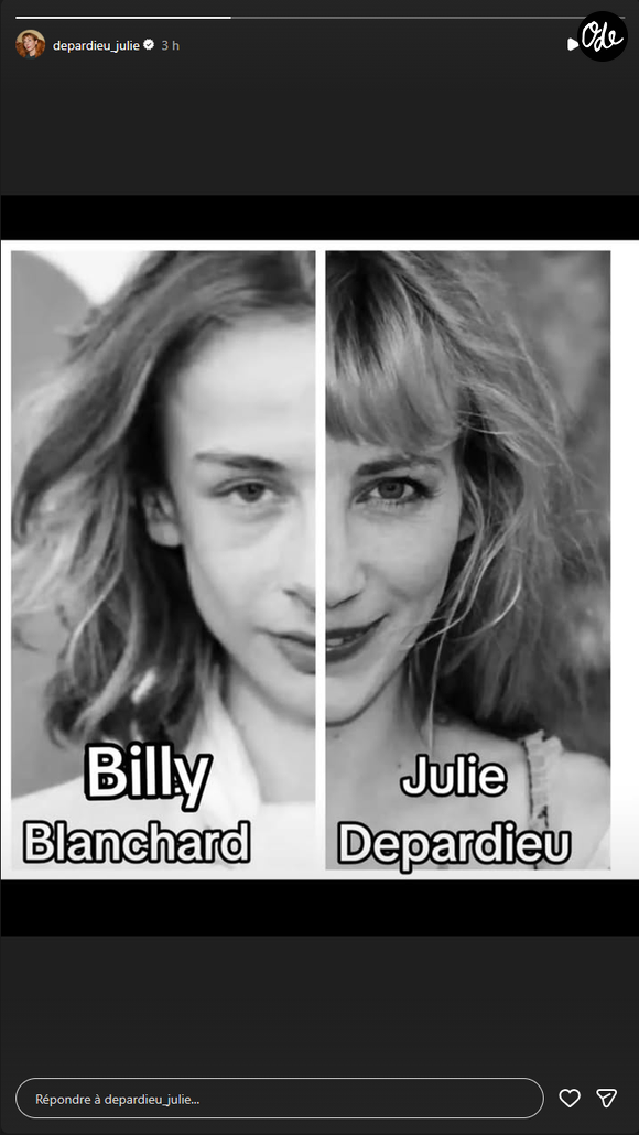 C’est via sa story Instagram, postée le dimanche 4 octobre 2026, qu’elle a pu accoler la moitié de son visage à celle de son fils, laissant ainsi le plaisir aux internautes de constater leur ressemblance.

Collage photo de Billy Blanchard et Julie Depardieu partagé par l'actrice sur son compte Instagram le 4 octobre 2026