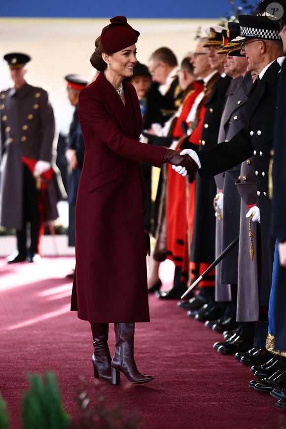 La princesse de Galles avant la cérémonie d'accueil de l'émir du Qatar Cheikh Tamim bin Hamad Al Thani et de son épouse Cheikha Jawaher à Horse Guards Parade, Londres, lors de la visite d'État au Royaume-Uni de l'émir du Qatar et de la première de ses trois épouses. Londres, Royaume-Uni, mardi 3 décembre 2024. Photo by Henry Nicholls/PA Wire/ABACAPRESS.COM