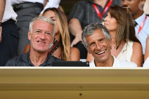 Didier Deschamps, Nagui, leurs femmes au second rang Mélanie Page, Claude Deschamps et des amis durant le Match de football de Ligue 1 opposant Monaco à Lille au stade Louis II le 18 août 2018. Pour leur première rencontre à domicile de la saison 2018/2019, les monégasques n'ont obtenu qu'un match nul 0 - 0. © Bruno Bebert/Bestimage