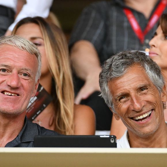 Didier Deschamps, Nagui, leurs femmes au second rang Mélanie Page, Claude Deschamps et des amis durant le Match de football de Ligue 1 opposant Monaco à Lille au stade Louis II le 18 août 2018. Pour leur première rencontre à domicile de la saison 2018/2019, les monégasques n'ont obtenu qu'un match nul 0 - 0. © Bruno Bebert/Bestimage