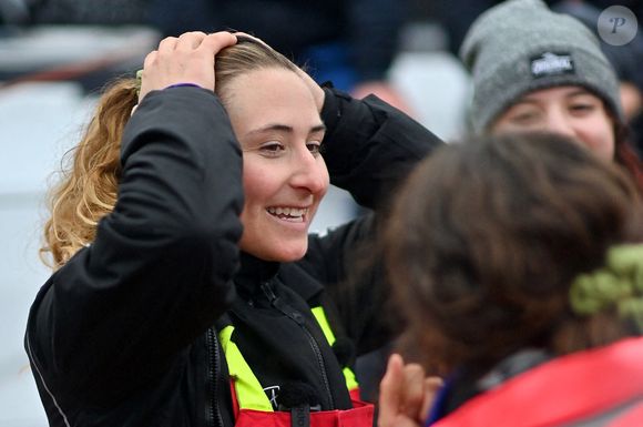 La skipper française Violette Dorange célèbre sur son monocoque Imoca Devenir sa 25e place dans la 10e édition du Vendée Globe, course à la voile en monocoque autour du monde, aux Sables-d'Olonne, dans l'ouest de la France, le 9 février 2025. Photo by Franck Castel/ABACAPRESS.COM