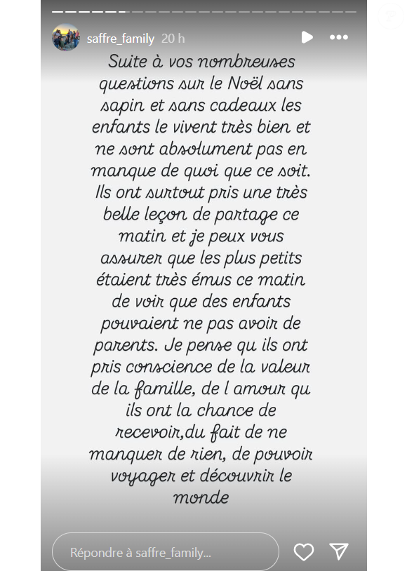 Elle a expliqué que ses enfants le vivaient très bien 
Céline Saffré de "Familles nombreuses" se confie sur leur Noël, le 25 décembre, sur Instagram