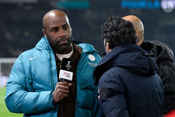 Teddy Riner - Célébrités dans les tribunes du match de Ligue 1 McDonald's opposant le Paris Saint-Germain (PSG) à L’AS Monaco (4-1) au Parc des Princes à Paris le 7 février 2025.