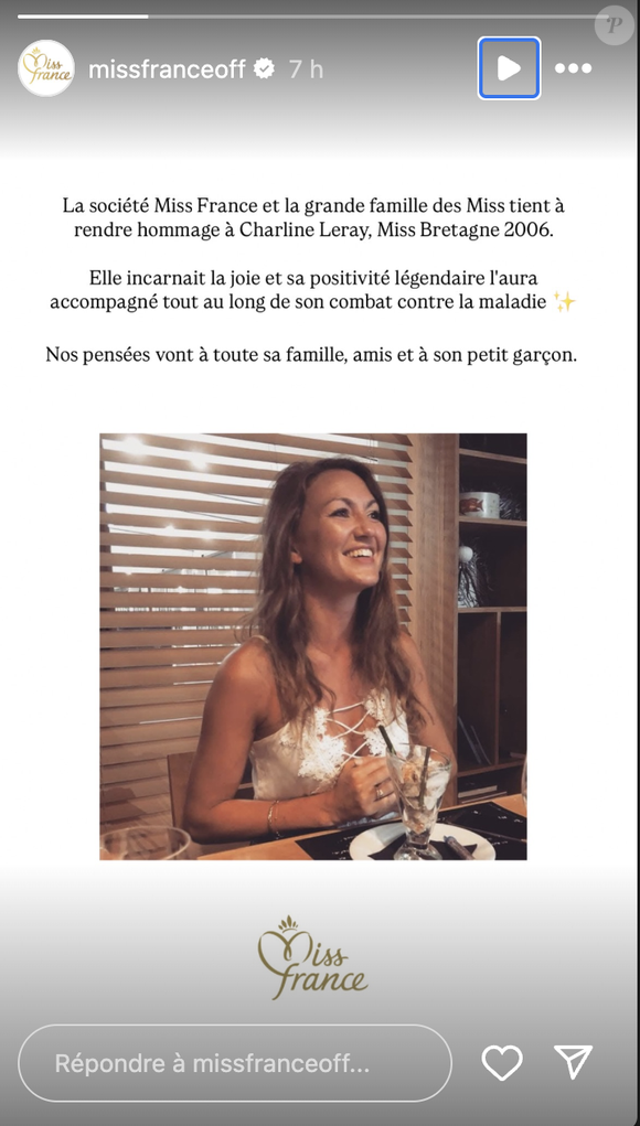 Le comité Miss France rend hommage à Charline Leray, Miss Bretagne 2006 décédée à 39 ans.