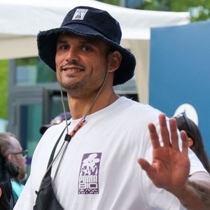 Paris, FRANCE  - Florent Manaudou and Lola Dumenil hand in hand at the France Germany basketball semi-final Olympic Games Paris 2024 in Paris, France.



Pictured: Florent Manaudou, Lola Dumenil
