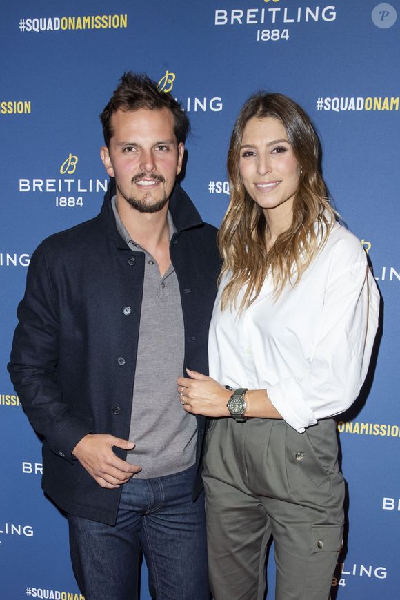 Laury Thilleman (Miss France) et son fiancé Juan Arbelaez lors de la soirée de réouverture de la boutique "Breitling", située rue de la Paix.
