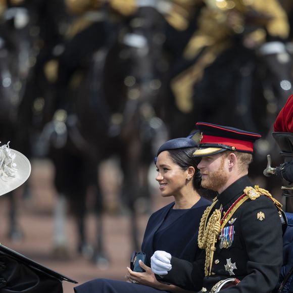 Le prince Harry, duc de Sussex, et Meghan Markle, duchesse de Sussex, première apparition publique de la duchesse depuis la naissance du bébé royal Archie lors de la parade Trooping the Colour 2019, célébrant le 93ème anniversaire de la reine Elisabeth II, au palais de Buckingham, Londres, le 8 juin 2019.