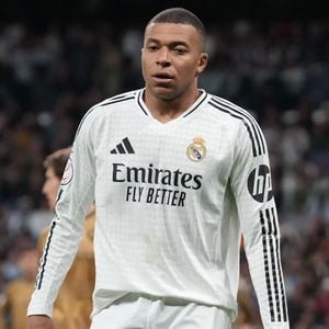 Le Real Madrid se qualifie pour la finale de la Copa Del Rey après sa victoire face au Real Sociedad (4-4), le 1er avril 2025. 
© Laurent Lairys / Bestimage