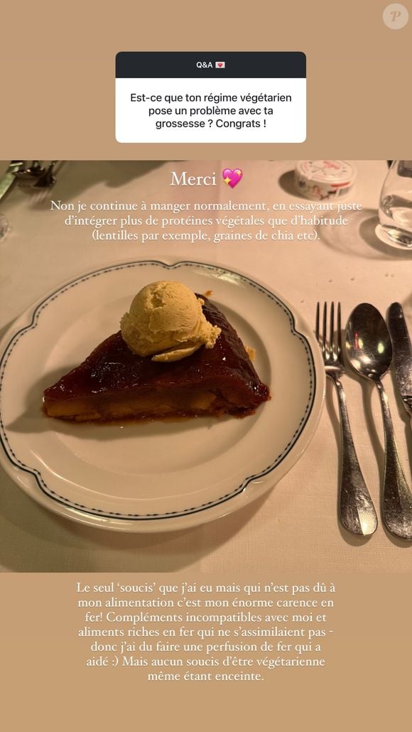 Le seul "souci" que j'ai eu, mais qui n'est pas dû à mon alimentation, c'est mon énorme carence en fer !
La compagne d'Alain-Fabien Delon, enceinte de leur premier enfant, s'exprime sur le régime particulier qu'elle suit