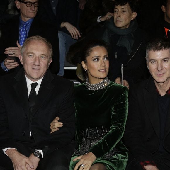 Anna Wintour, Francois-Henri Pinault, Salma Hayek, Etienne Daho et Emmanuelle Alt assistent à la présentation de la collection masculine automne-hiver 2015/2016 de Saint Laurent à Paris, France, le 25 janvier 2015. Photo Jerome Domine/ABACAPRESS.COM