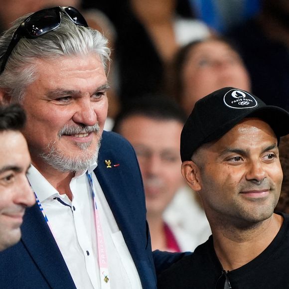 Tony Parker, Thomas Pesquet et David Douillet sont aperçus lors de la demi-finale de judo féminin +78kg pendant les Jeux Olympiques d'été de Paris 2024 à l'Arena du Champs de Mars, à Paris, France, le 2 août 2024. Photo by Nicolas Gouhier/ABACAPRESS.COM
