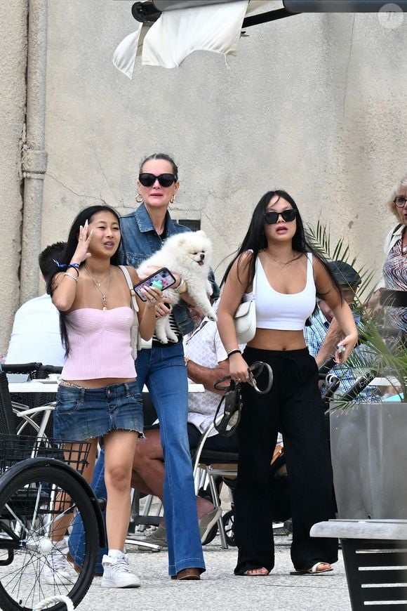 Exclusif - Laeticia Hallyday et ses filles Jade et Joy (qui résident depuis quelques jours dans la propriété familiale du Cap-d'Ail) arrivent à Marseillan pour déjeuner avec Elyette Boudou "Mamie Rock" (qui fêtera ses 89 ans le 5 juillet prochain), accompagné de son père André Boudou et sa fille Alcéa (demi soeur de Laeticia).