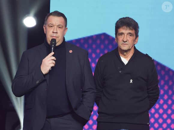 Exclusif - David Pelicot et Lucien Douib lors de l'enregistrement de l'émission "Nos voix pour toutes" au profit de la Fondation des femmes à l’Adidas Arena diffusée sur TMC le 25 novembre 2025, à Paris, France, le 19 novembre 2025. © Guirec-Moreau/Bestimage