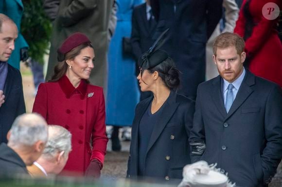 Le prince William, duc de Cambridge, Catherine Kate Middleton, duchesse de Cambridge, Meghan Markle, duchesse de Sussex, le prince Harry, duc de Sussex -  La famille royale assiste à la messe de Noël à Sandringham le 25 décembre 2018.