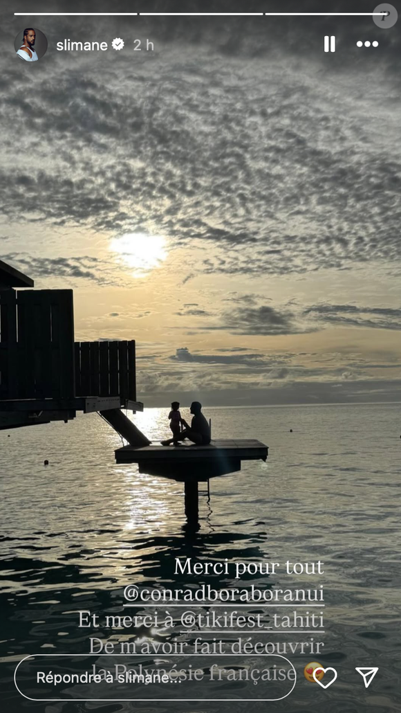 Une rentrée qui s'annonce après des vacances bien méritées en famille.

Story Instagram de Slimane, le 19 avril 2025, à Bora Bora aux côtés de sa fille Esmeralda. @slimane