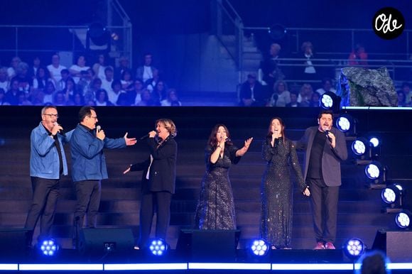 Patrick Fiori, Matteu di Meglio, Gianluca Cucciari et les membres de l'Avvinta durant Corsu Mezu Mezu, le concert emmené par Patrick Fiori qui a eu lieu au stade Orange Vélodrome à Marseille, le 22 mai 2026, diffusé le 28 août sur France 3..
© Bruno Bebert/Bestimage