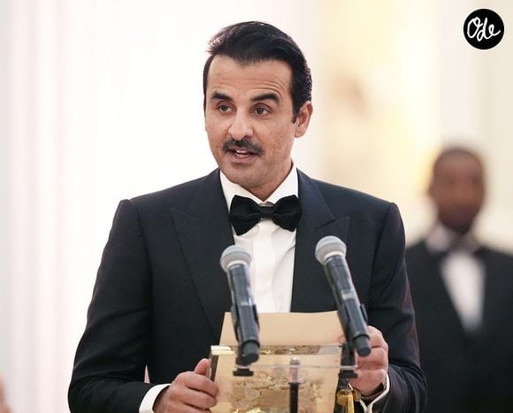 L'émir du Qatar, le cheikh Tamim ben Hamad Al Thani, s'exprimant lors d'un dîner à Mansion House, dans la Cité de Londres, à l'occasion de sa visite d'État au Royaume-Uni. Le 4 décembre 2024. © ALPHA AGENCY / BESTIMAGE