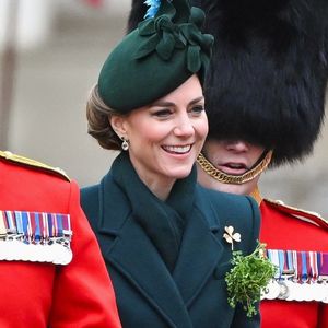 Catherine (Kate) Middleton, princesse de Galles, colonel des Irish Guards, visite le régiment lors du défilé de la Saint-Patrick à la caserne Wellington de Londres, Royaume Uni, le 17 mars 2025. © Zahu/Backgrid UK/Bestimage