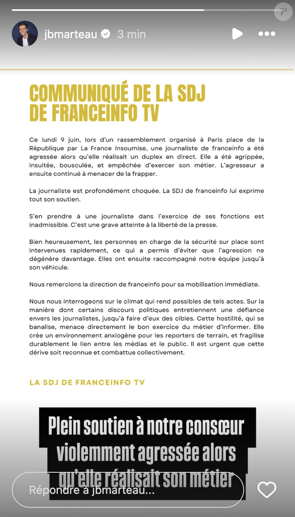 Communiqué officiel de franceinfo après l'agression d'une journaliste en direct.