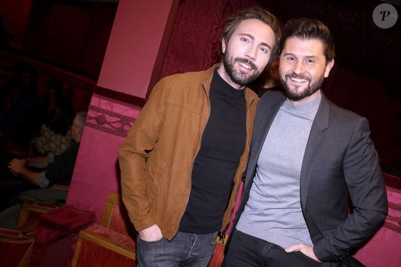 Christophe Beaugrand et son mari Ghislain Gerin à la 150 ème du spectacle "Tombé du ciel" de Jeanfi Janssens à la Comédie des Champs Elysées à Paris le 13 février 2025. Spectacle suivi d'une réception Restaurant Manko.

© Cédric Perrin / Bestimage