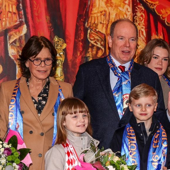 La princesse Stéphanie de Monaco, le prince Albert II de Monaco, la princesse Gabriella de Monaco, comtesse de Carladès, le prince Jacques de Monaco, marquis des Baux et Camille Gottlieb - La famille princière lors de la 46ème édition du festival international du cirque de Monte-Carlo, à Monaco, le 21 janvier 2024. © Claudia Albuquerque/Bestimage