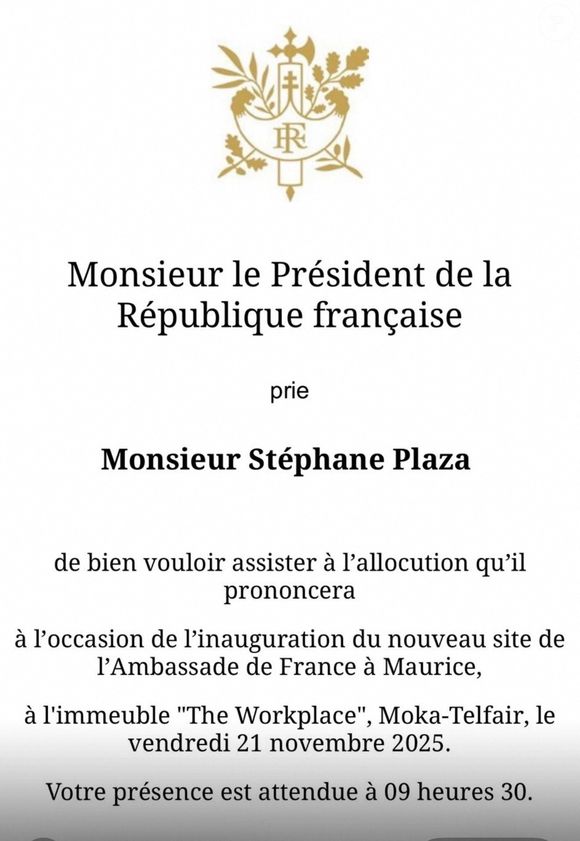L’animateur et agent immobilier, accompagné de son père, avait été invité personnellement par l’Élysée à se rendre à l’ambassade de France pour cet échange.

Exclusif - Stéphane Plaza, en voyage d'affaire pour trouver de nouveaux franchisés à Île Maurice, a reçu une invitation du président Emmanuel Macron à l'occasion de l'inauguration du nouveau site de l'Ambassade de France à Maurice à l'immeuble "The Workplace", Moka-Telfair, le vendredi 21 novembre 2025. © Bestimage