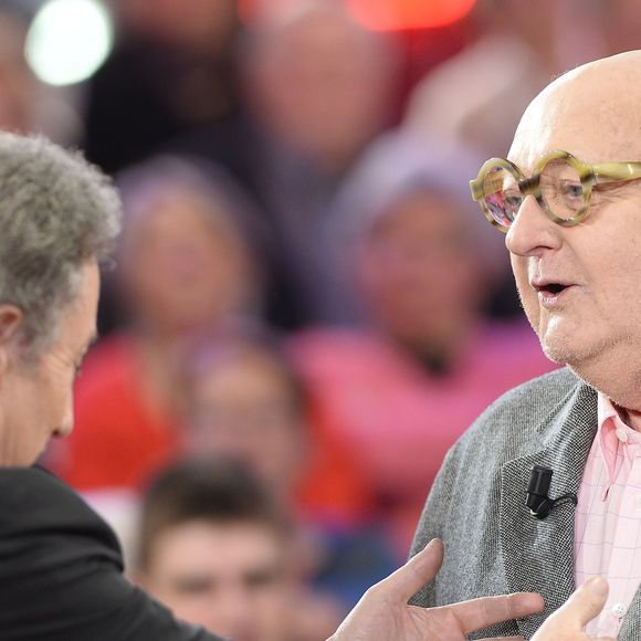 Michel Drucker et Jean-Pierre Coffe - Enregistrement de l'émission "Vivement Dimanche" à Paris le 4 Fevrier 2015. L'émission sera diffusée le 08 Fevrier. Invité principal Miou-Miou (COADIC GUIREC / BESTIMAGE).