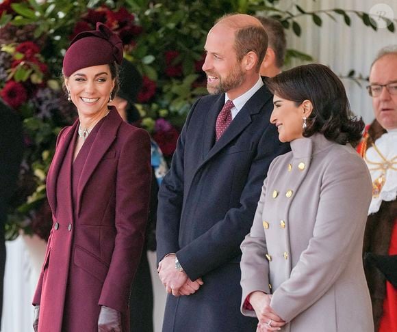 Le prince William, prince de Galles, Catherine (Kate) Middleton, princesse de Galles et son Altesse Sheikha Jawaher Bint Hamad Bin Suhaim Al Thani lors de la cérémonie de bienvenue pour la visite d'État de l'émir du Qatar Tamim ben Hamad Al-Thani à Londres, Royaume Uni, le 3 décembre 2024. © Julien Burton/Bestimage