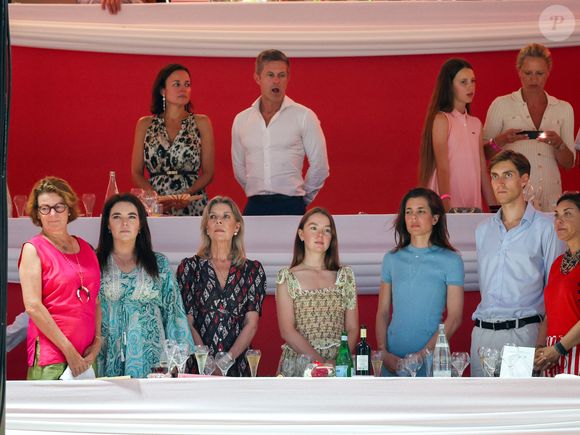 Melanie de Massy, la princesse Caroline de Hanovre, la princesse Alexandra de Hanovre, Charlotte Casiraghi, Ben-Sylvester Strautmann lors de la 2ème journée du Jumping International de Monte-Carlo, Monaco, le 4 juillet 2024. La compétition se déroule sur le port Hercule à Monaco, du 3 juillet au 5 juillet. © Claudia Albuquerque/Bestimage