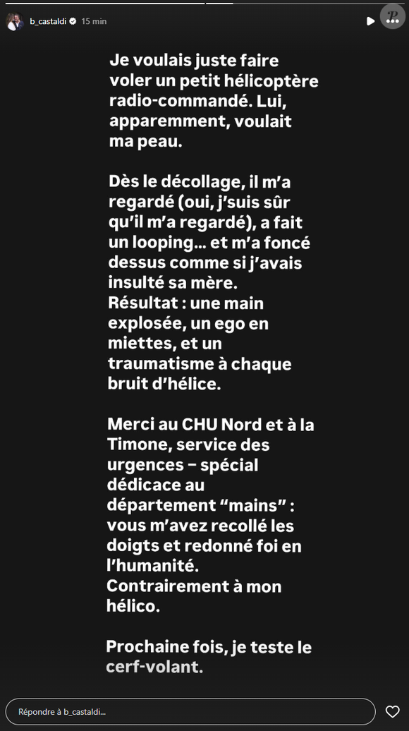 Sur Instagram, le principal intéressé prend la parole le lendemain.

Benjamin Castaldi donne de ses nouvelles après son accident.