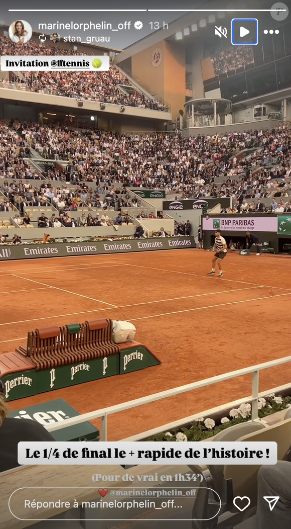 Sur son compte Instagram, Marine a commenté avec humour la rapidité du match : "Le 1/4 de final le + rapide de l’histoire ! (Pour de vrai en 1h34’)".

Marine Lorphelin et son compagnon Stanislas Gruau assistent à un match à Roland-Garros, le 3 jui 2025 Instagram @marinelorphelin_off